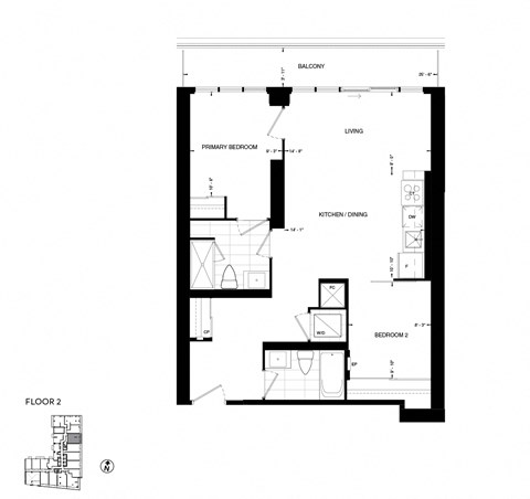 Floor plan for 2 beds, 2 baths, 824 sqft
